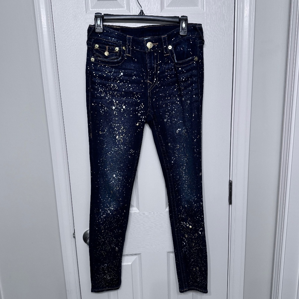 Women's True Religion Dark Navy with Metallic Silver & Gold Flecks Skinny Jeans